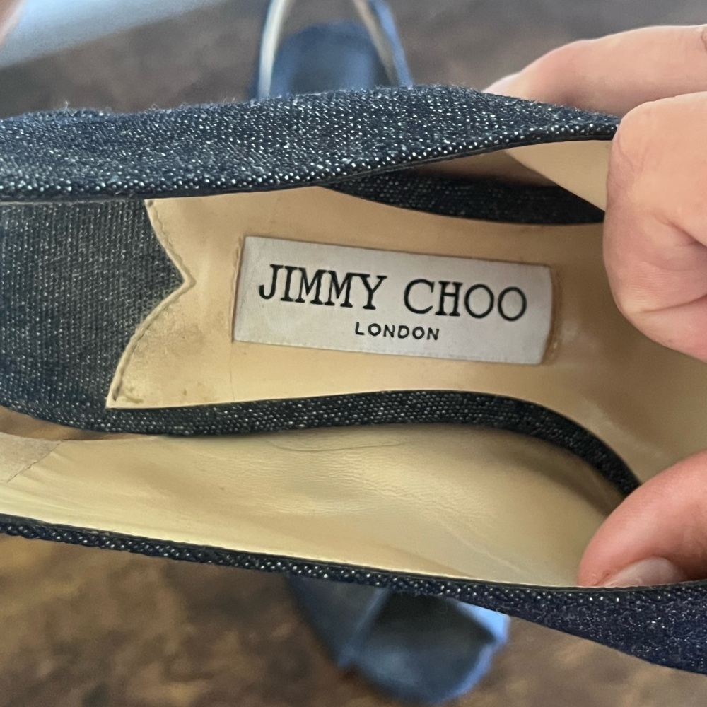 Jimmy Choo Denim Peep-Toe Wedge Slingbacks in Dark Blue - Picture 5 of 7